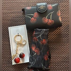 Coach Medium Corner Zip Wallet with Cherry Print , scarf and Charm Set